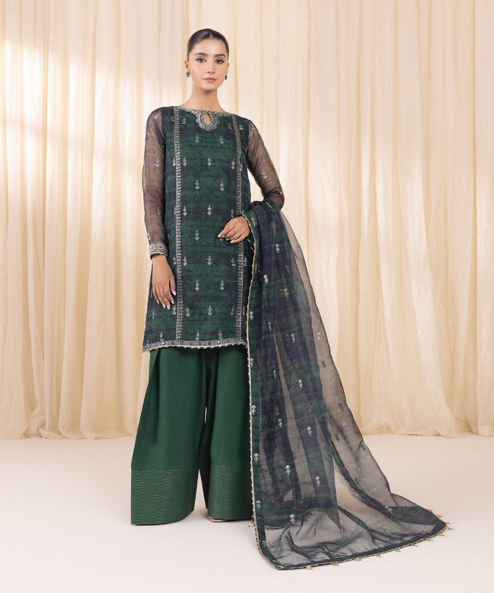 Women's Unstitched Bottle Green Blended Organza Three Piece Suit