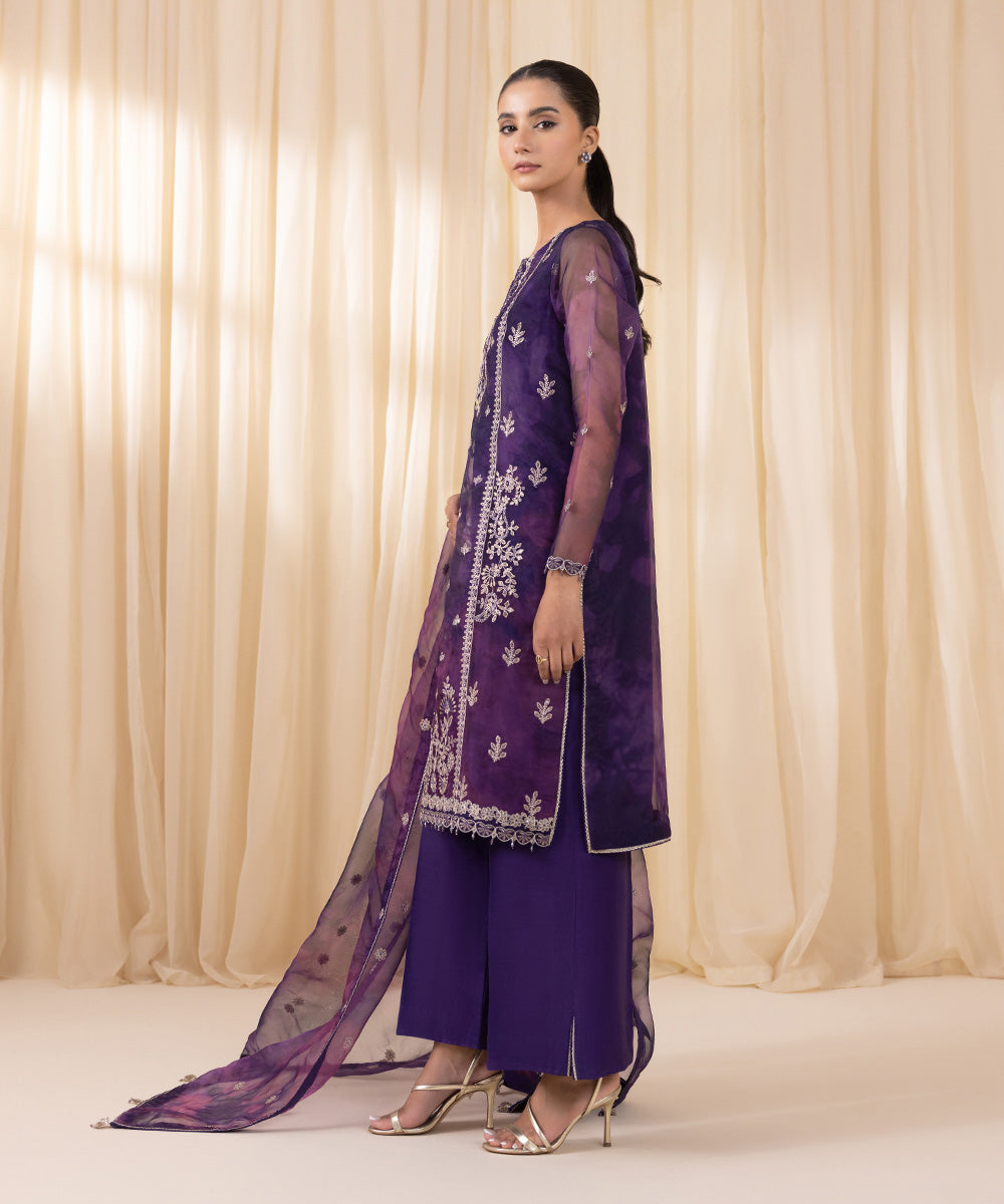 Women's Unstitched Purple Blended Organza Three Piece Suit