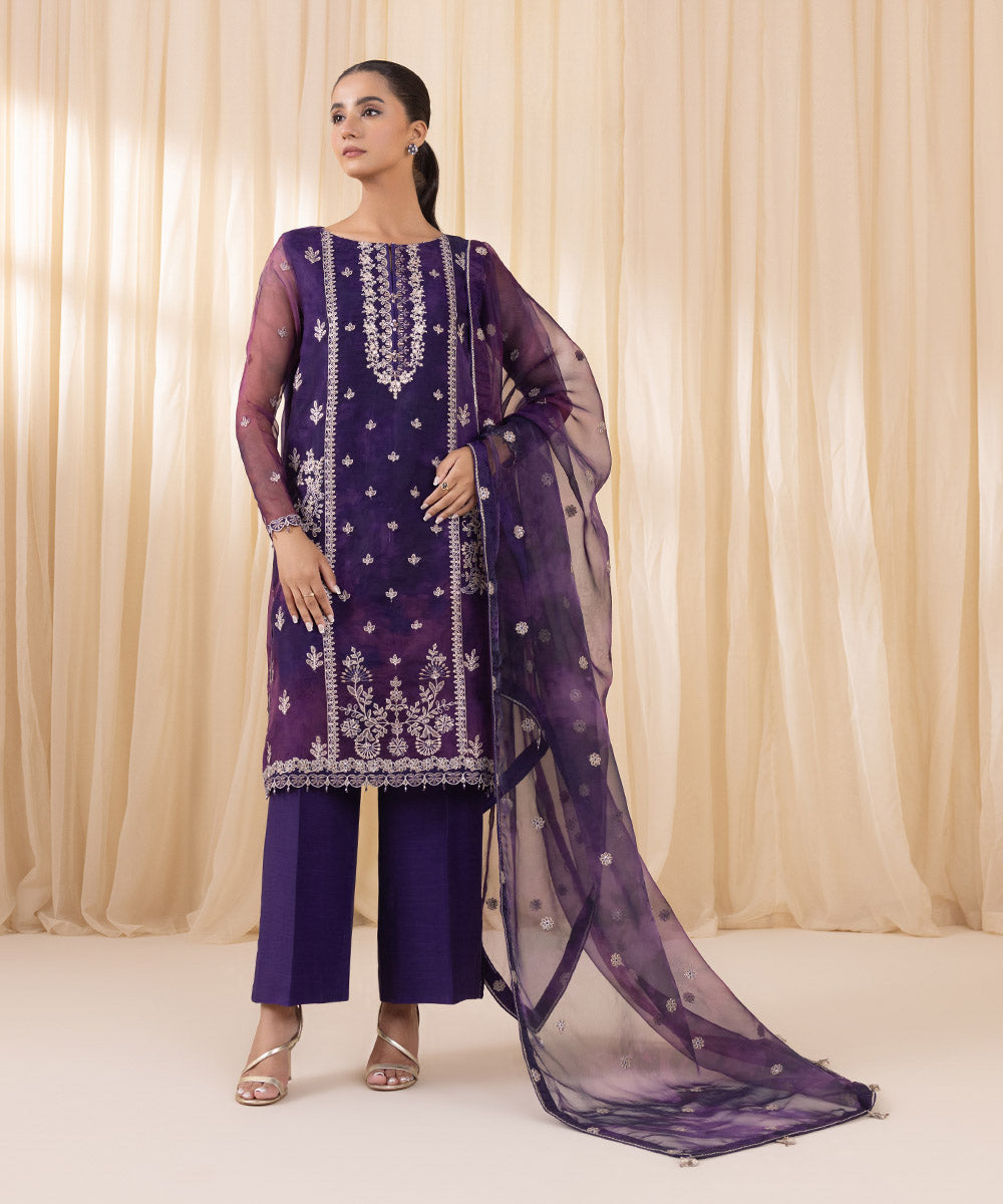 Women's Unstitched Purple Blended Organza Three Piece Suit