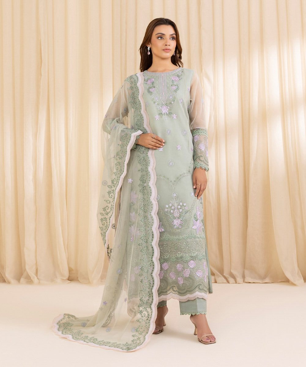 Women's Unstitched Pistachio Green Blended Organza Three Piece Suit