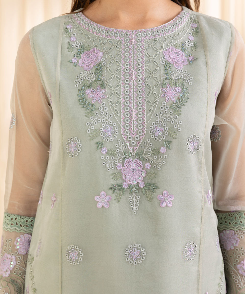 Women's Unstitched Pistachio Green Blended Organza Three Piece Suit