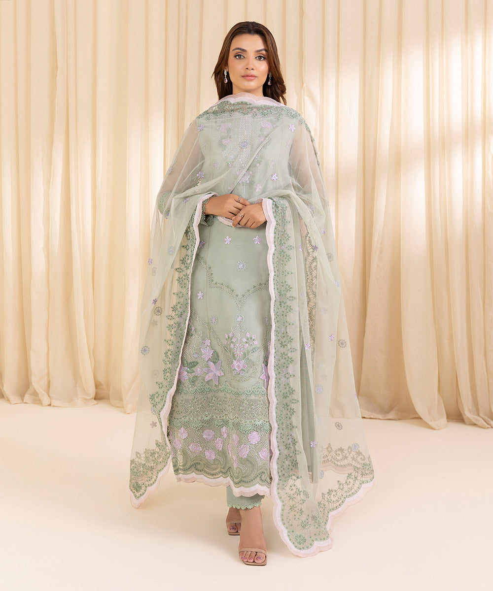 Women's Unstitched Pistachio Green Blended Organza Three Piece Suit