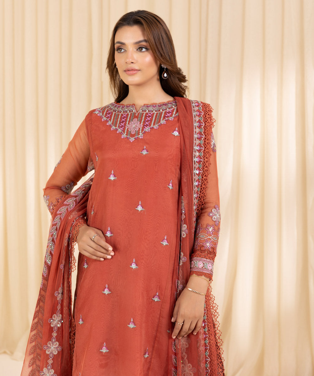 Women's Unstitched Coral Blended Organza Three Piece Suit