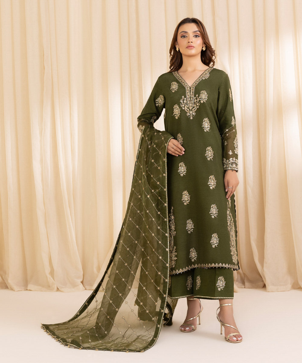 Women's Unstitched Olive Green Raw Silk Three Piece Suit