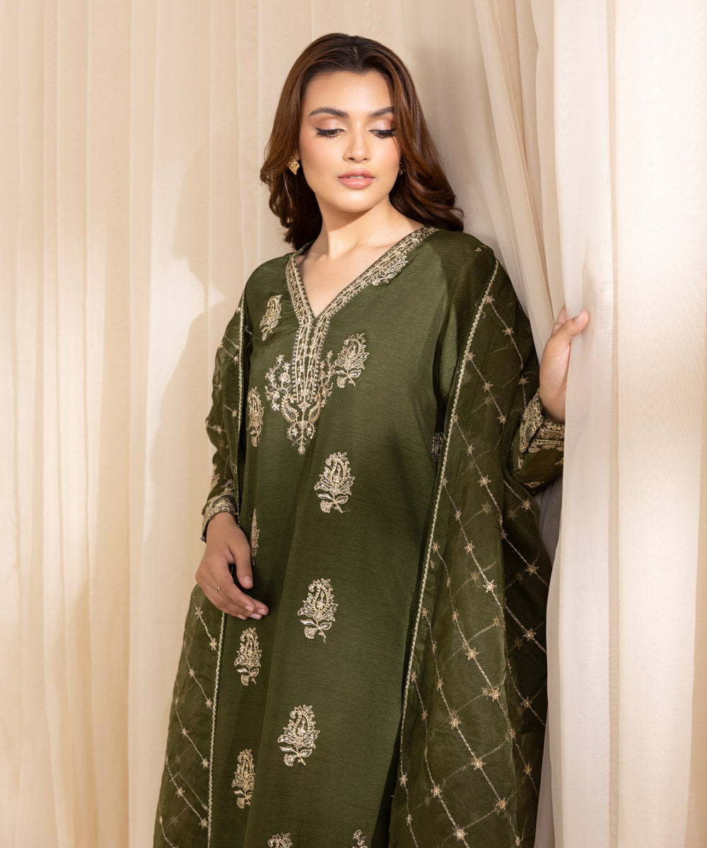 Women's Unstitched Olive Green Raw Silk Three Piece Suit