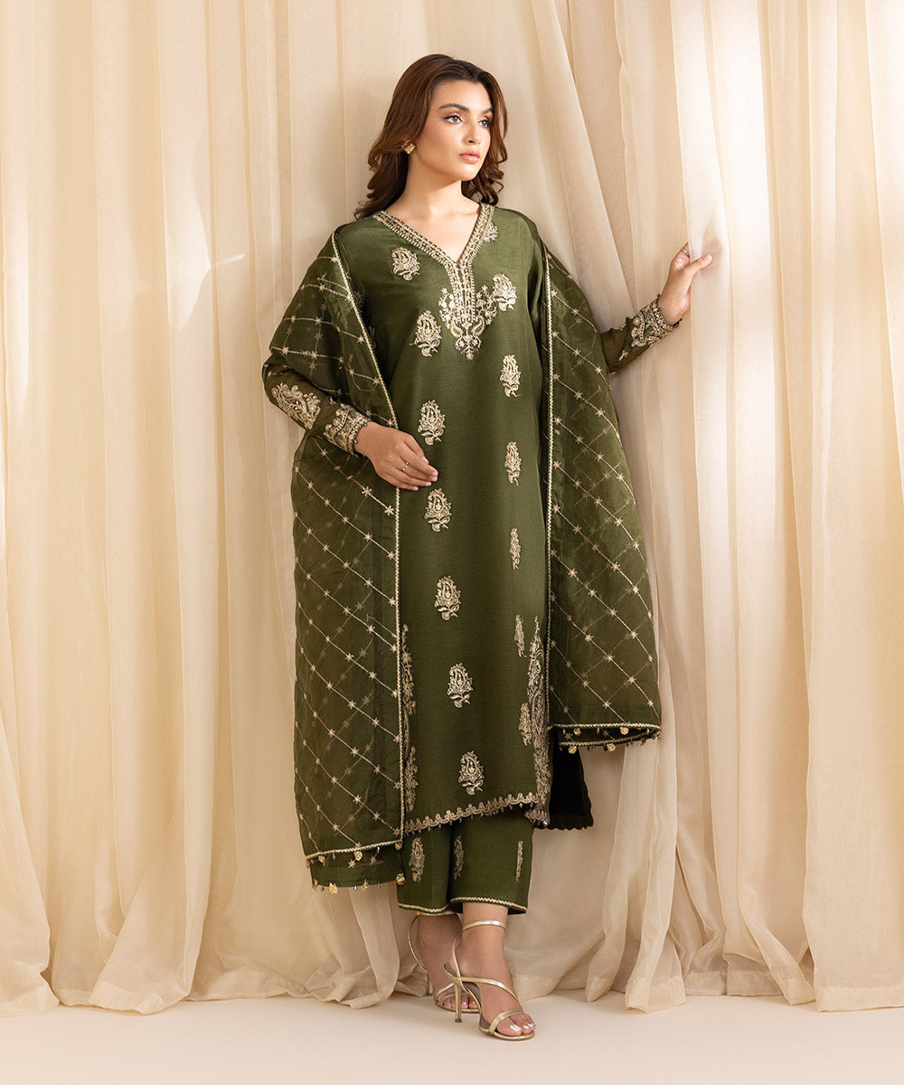 Women's Unstitched Olive Green Raw Silk Three Piece Suit