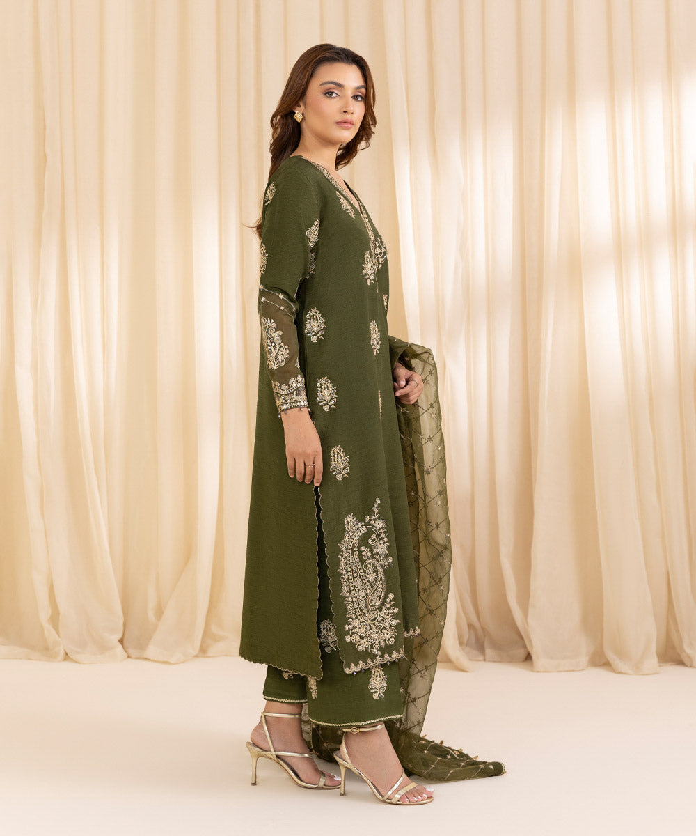 Women's Unstitched Olive Green Raw Silk Three Piece Suit