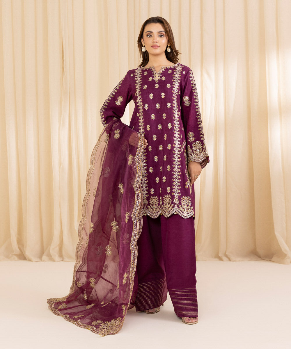 Women's Unstitched Purple Raw Silk Three Piece Suit