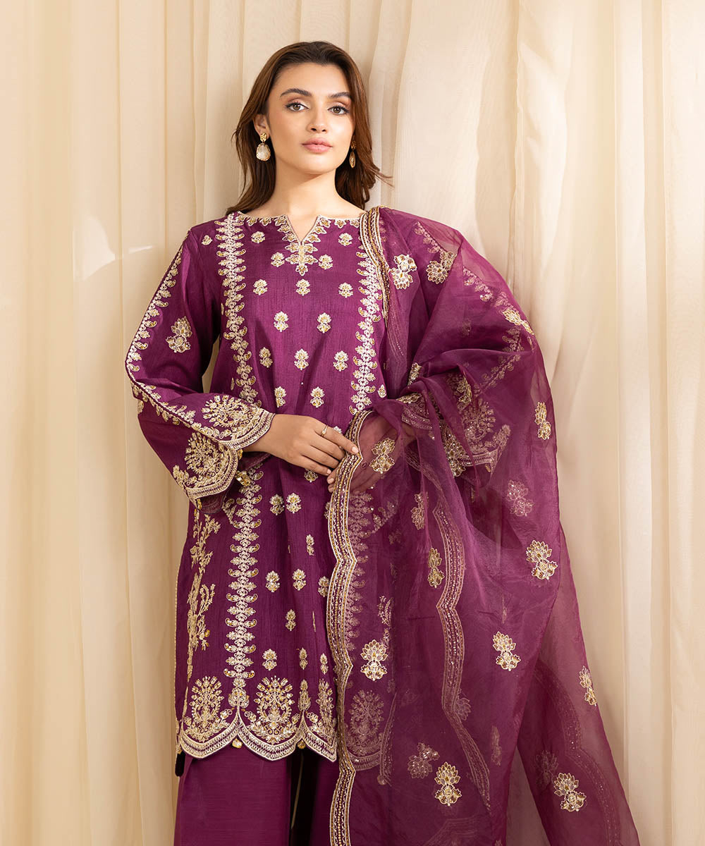 Women's Unstitched Purple Raw Silk Three Piece Suit