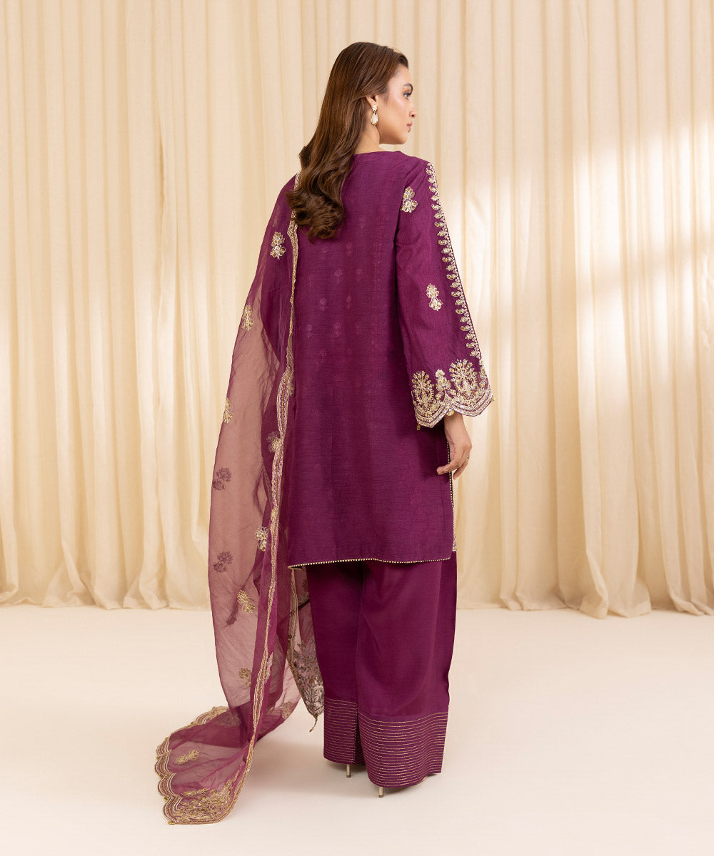 Women's Unstitched Purple Raw Silk Three Piece Suit