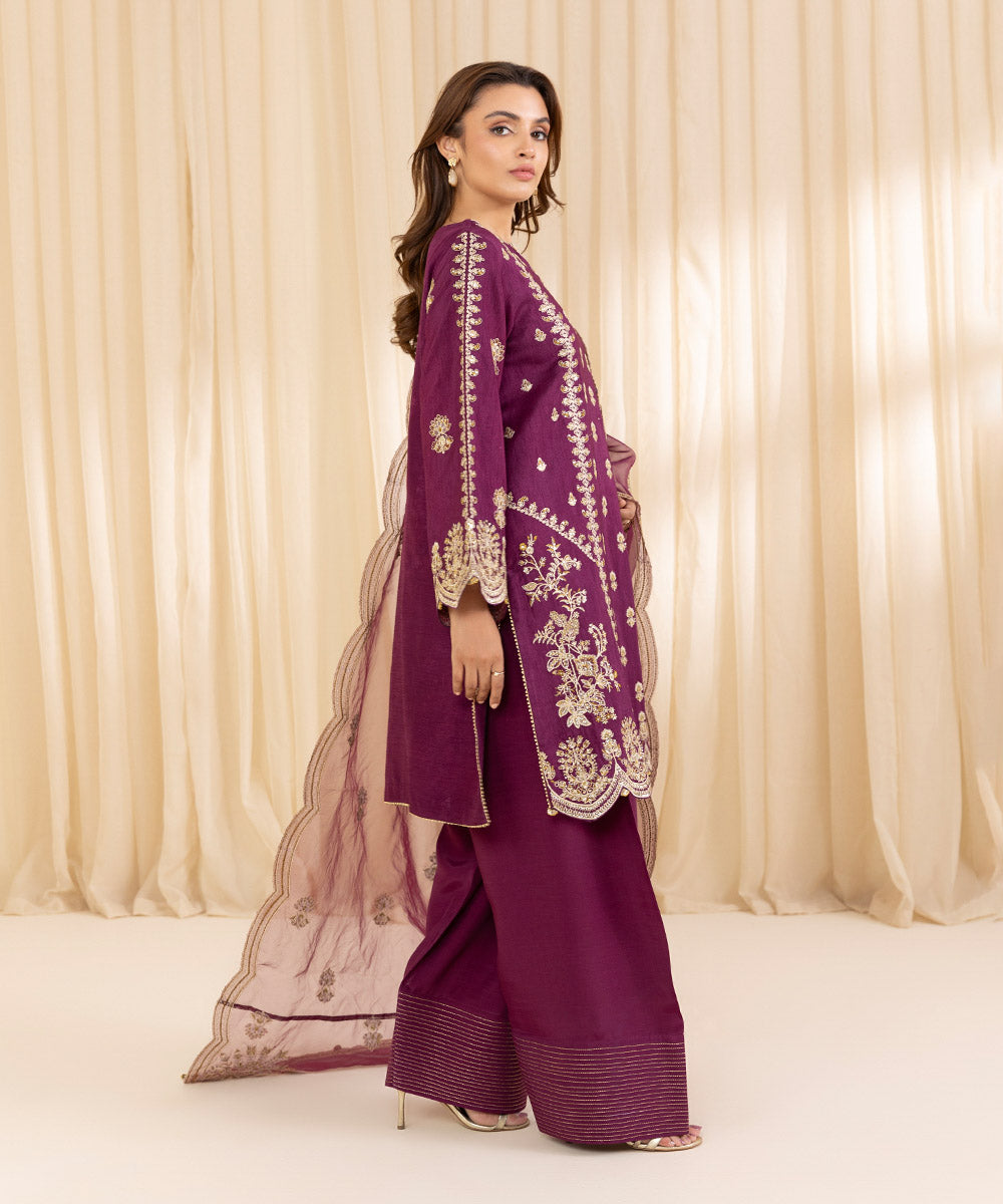 Women's Unstitched Purple Raw Silk Three Piece Suit