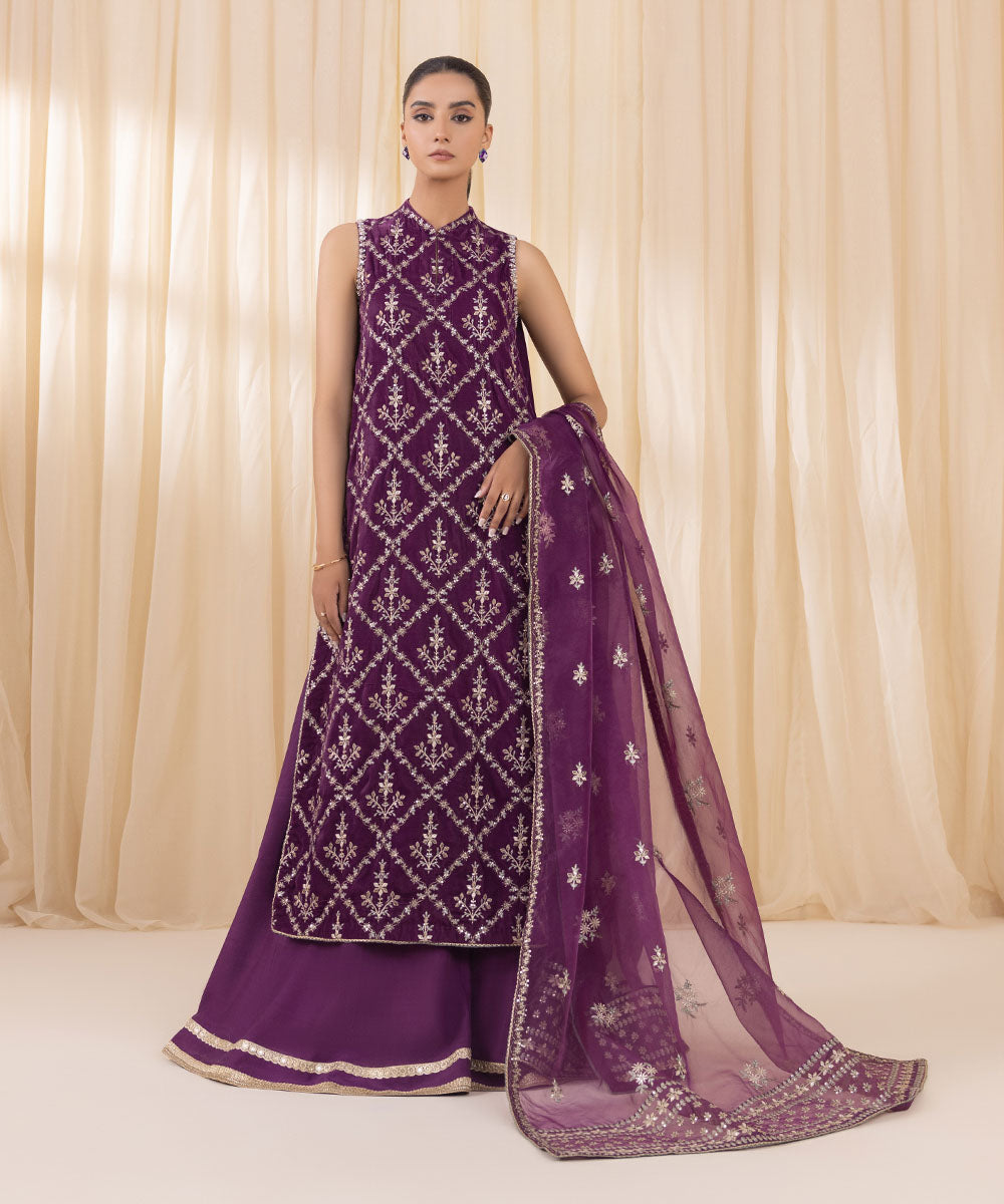 Women's Unstitched Purple Velvet Three Piece Suit