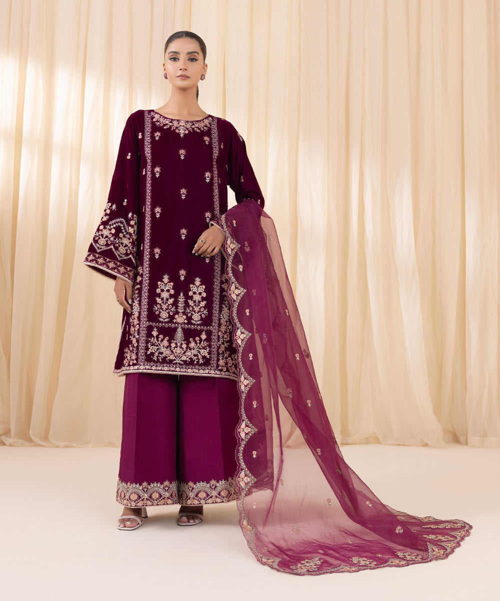 Women's Unstitched Plum Velvet Three Piece Suit