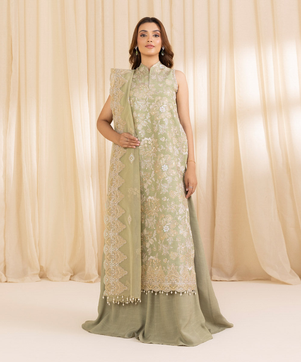 Women's Unstitched Mint Green Raw Silk Three Piece Suit