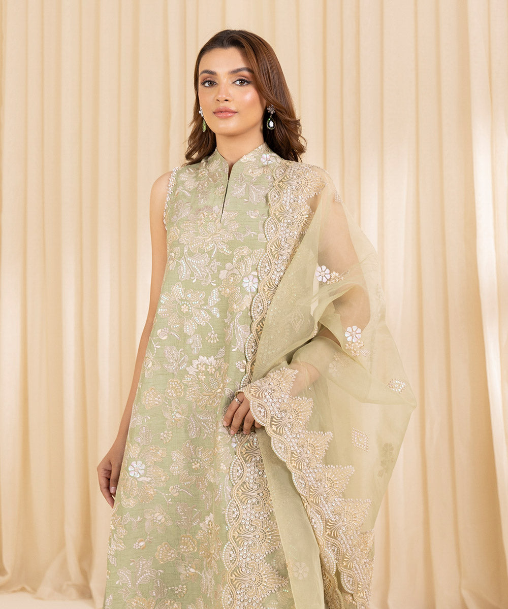 Women's Unstitched Mint Green Raw Silk Three Piece Suit