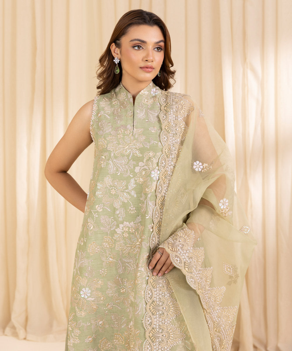 Women's Unstitched Mint Green Raw Silk Three Piece Suit