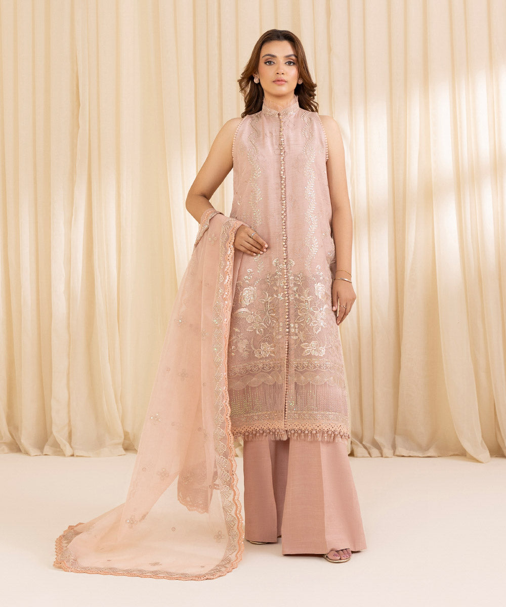 Women's Unstitched Peachy Pink Raw Silk Three Piece Suit