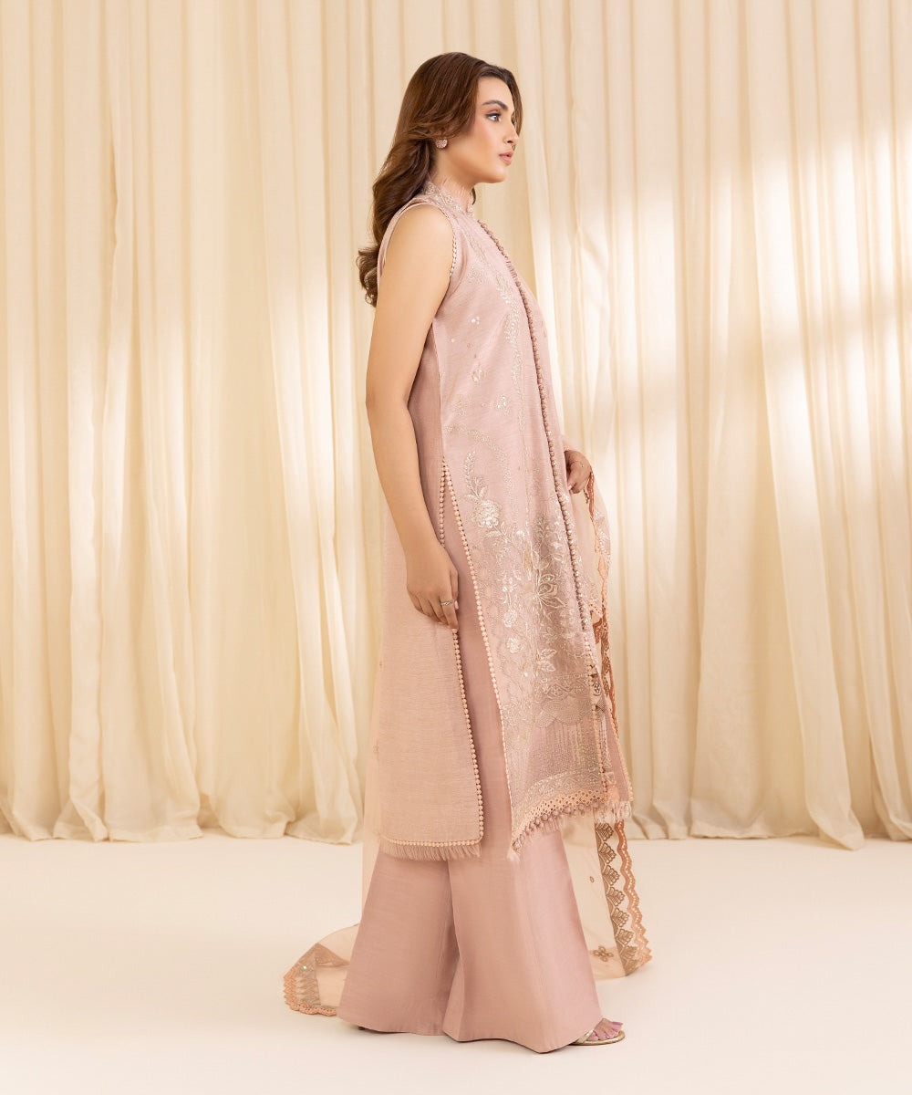 Women's Unstitched Peachy Pink Raw Silk Three Piece Suit