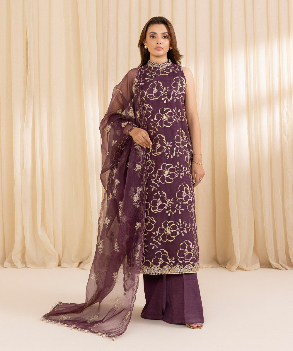 Women's Unstitched Purple Blended Organza Three Piece Suit