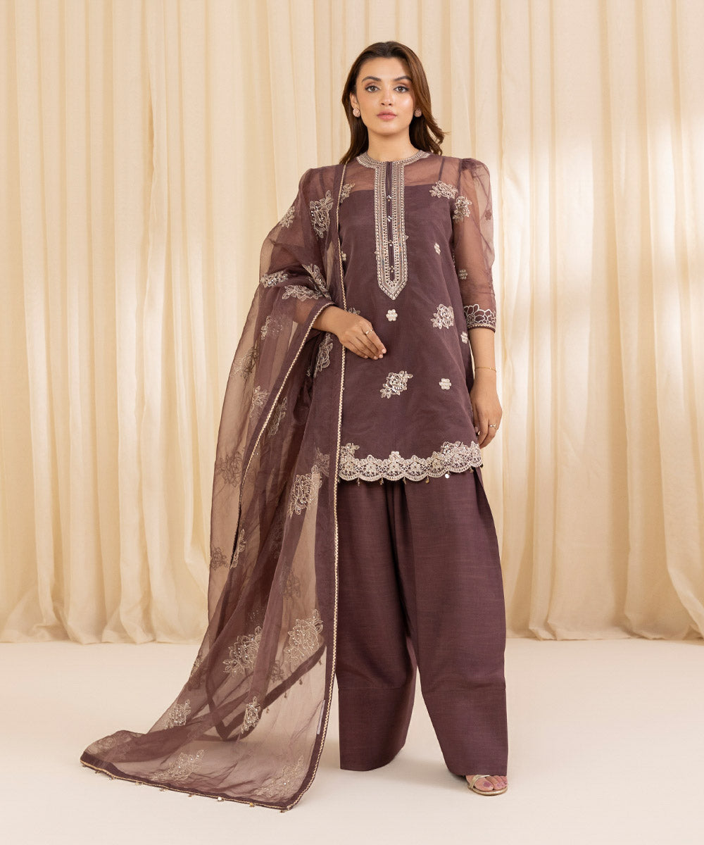 Women's Unstitched Coffee Brown Blended Organza Three Piece Suit