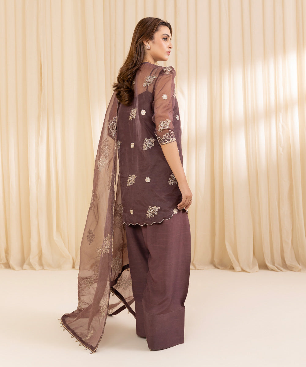 Women's Unstitched Coffee Brown Blended Organza Three Piece Suit