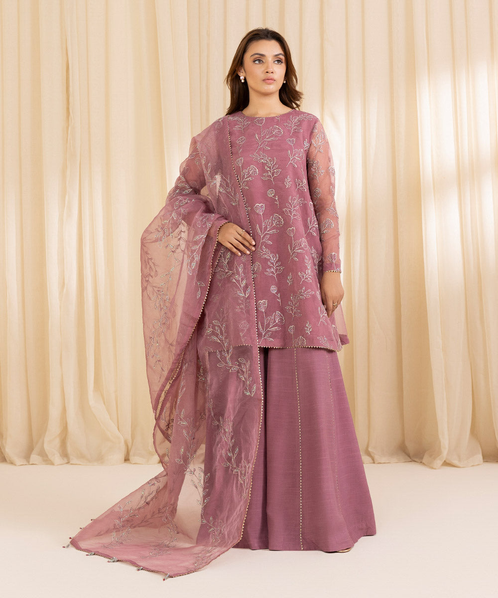 Women's Unstitched Lilac Blended Organza Three Piece Suit