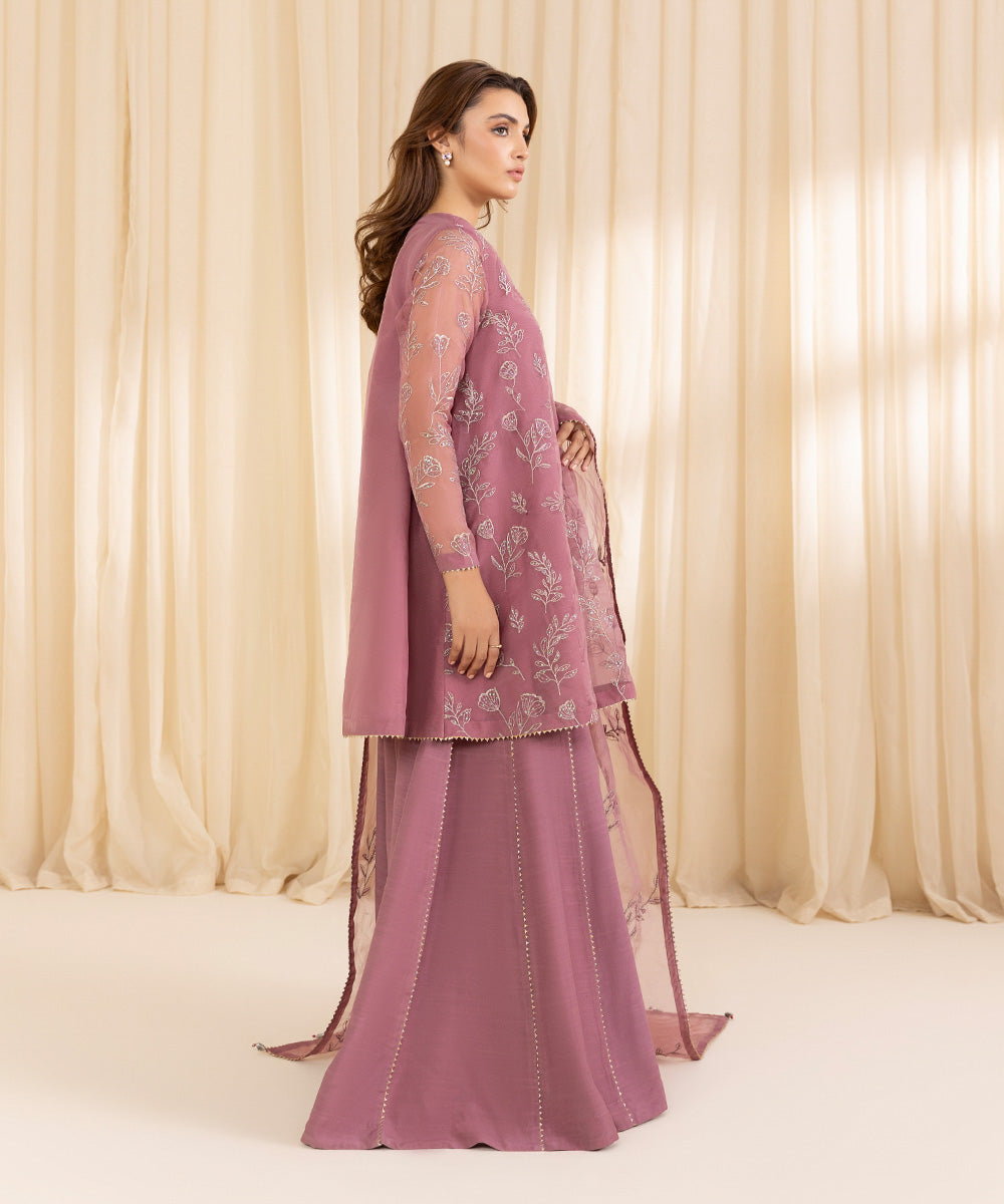 Women's Unstitched Lilac Blended Organza Three Piece Suit