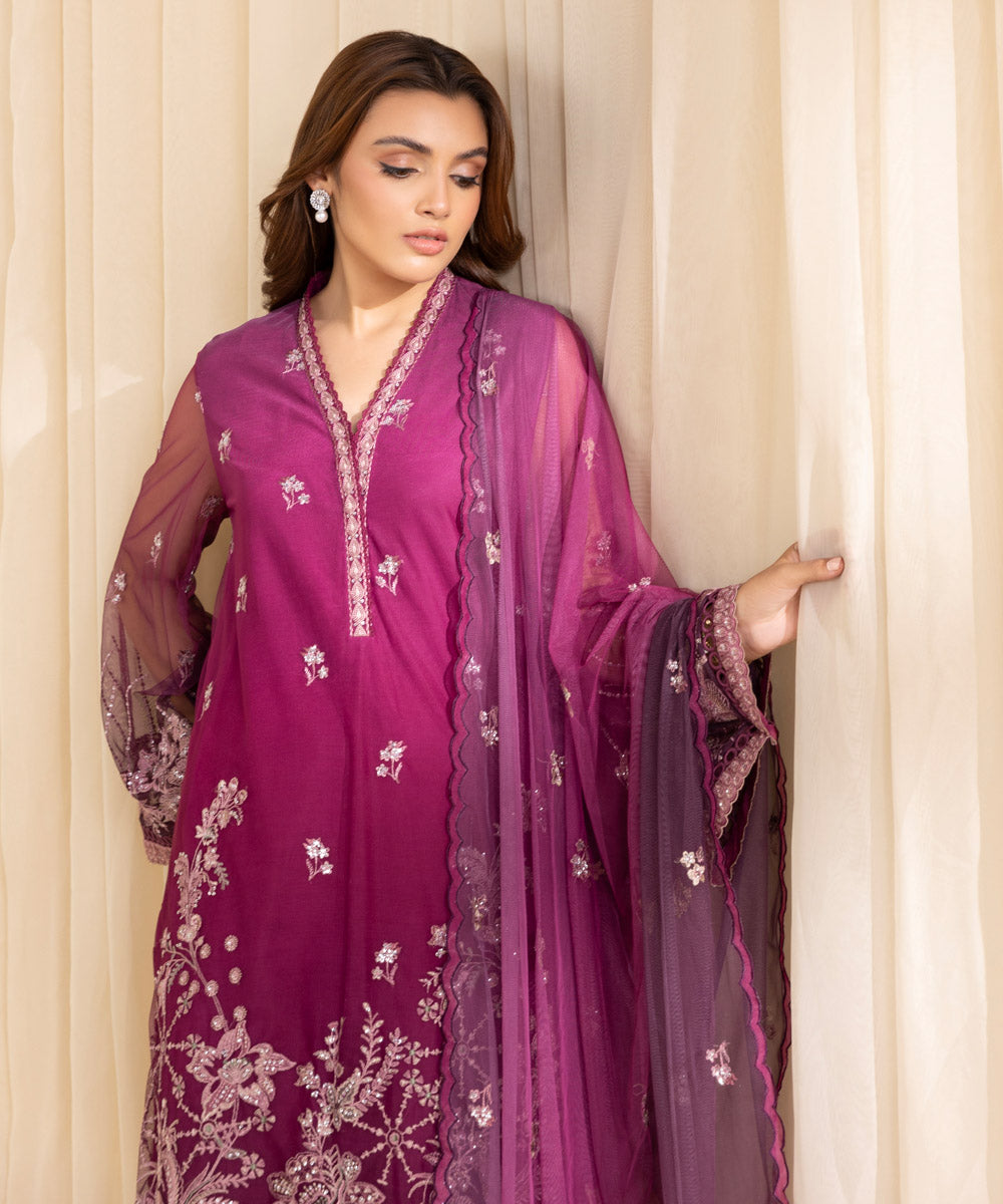 Women's Unstitched Plum Blended Net Three Piece Suit