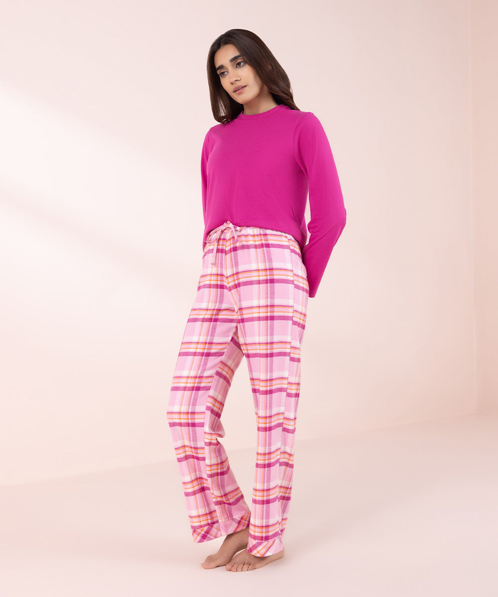 Women's Sleepwear Pink Plaid Flanel Pyjama