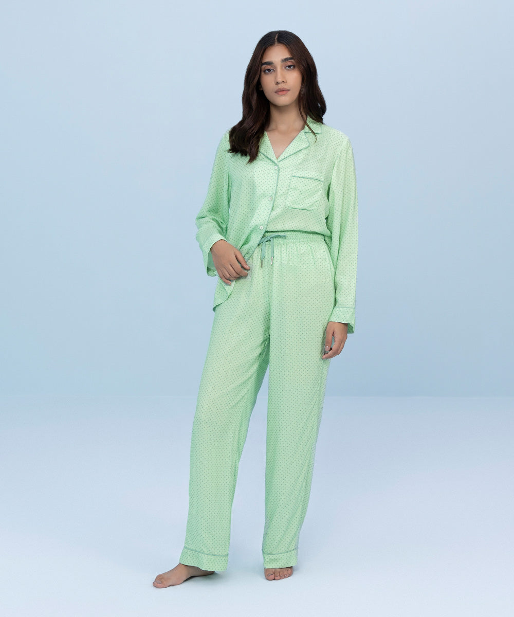 Women's Sleepwear Light Green Polka Dot Viscose Printed PJ Set