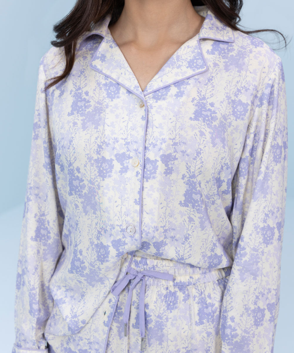 Women's Sleepwear White and Lilac Floral Printed Viscose PJ Set 