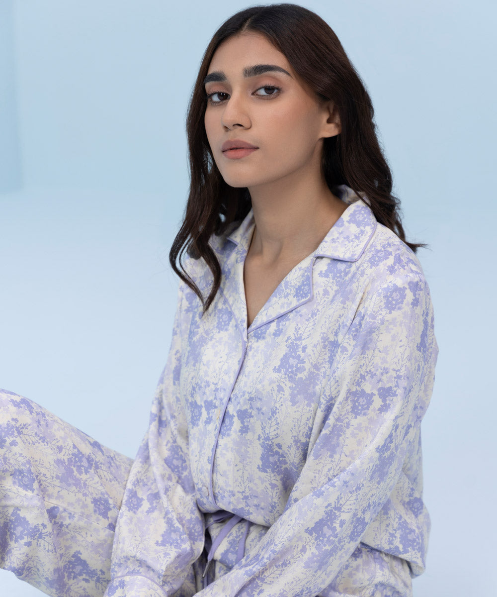 Women's Sleepwear White and Lilac Floral Printed Viscose PJ Set 