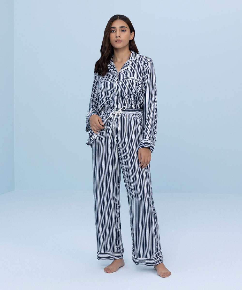 Women's Sleepwear White and Blue Striped Printed Viscose PJ Set