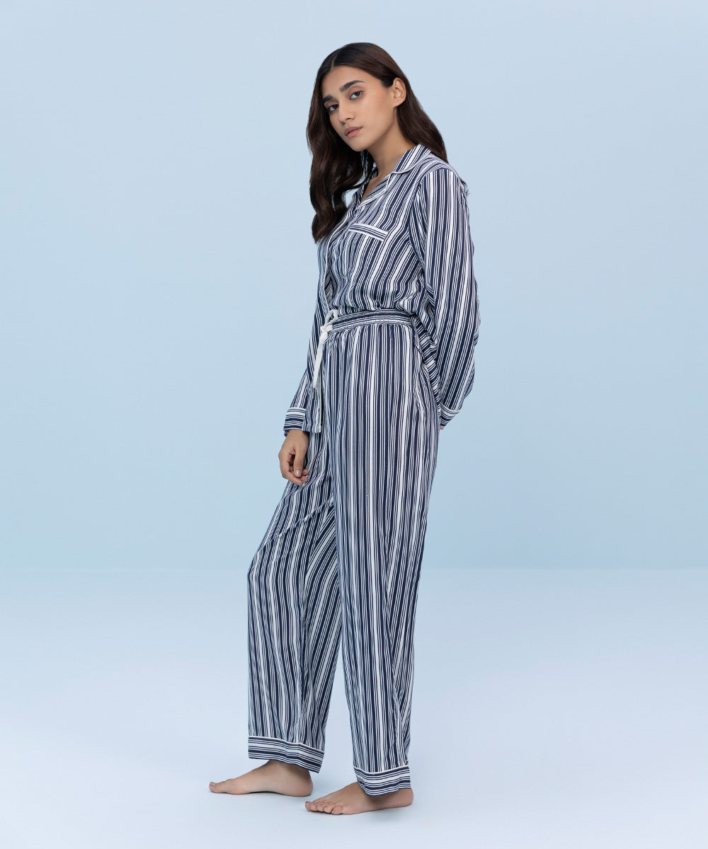 Women's Sleepwear White and Blue Striped Printed Viscose PJ Set