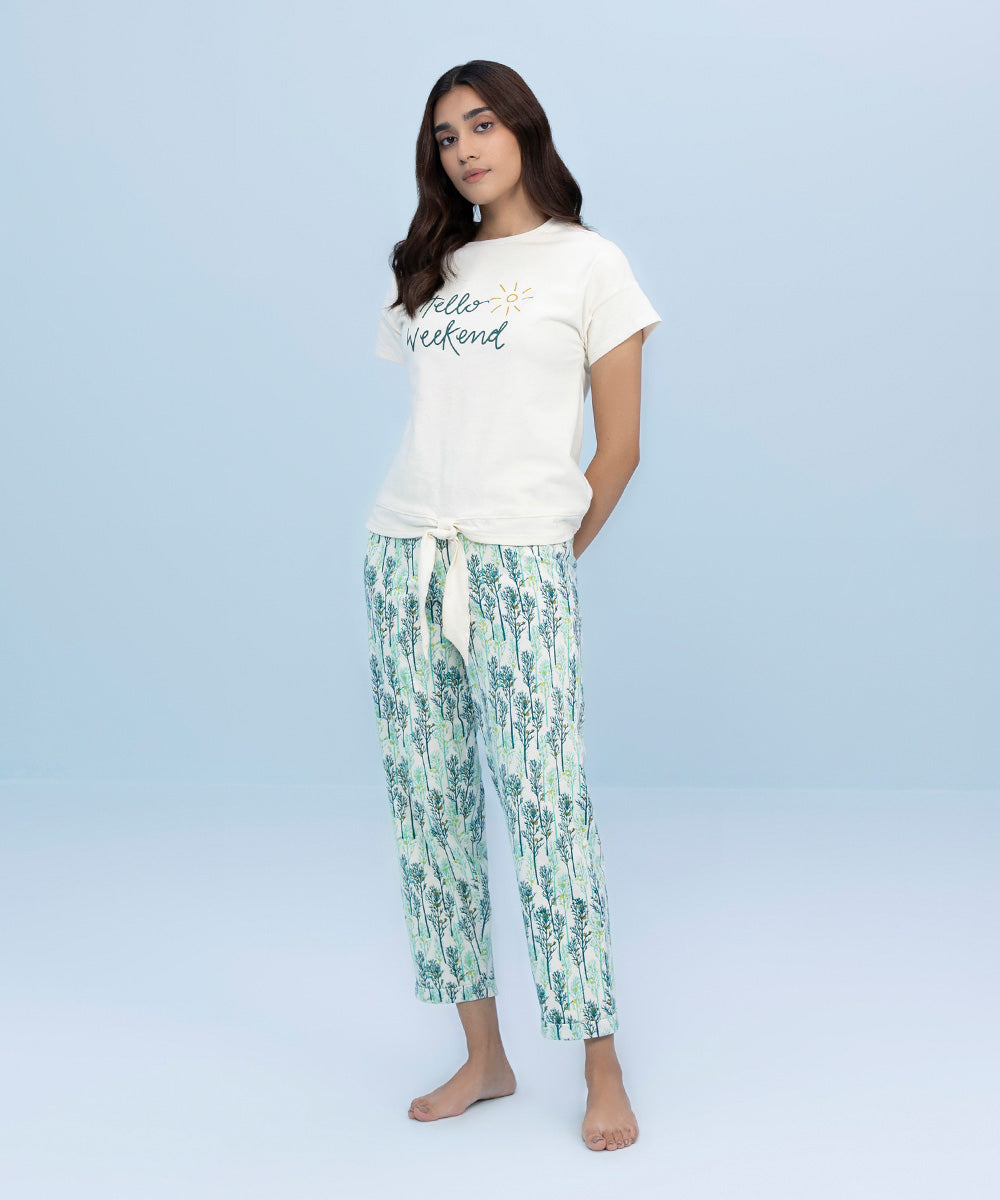 Women's Sleepwear Off white and Green Printed Cotton Jersey PJ Set 