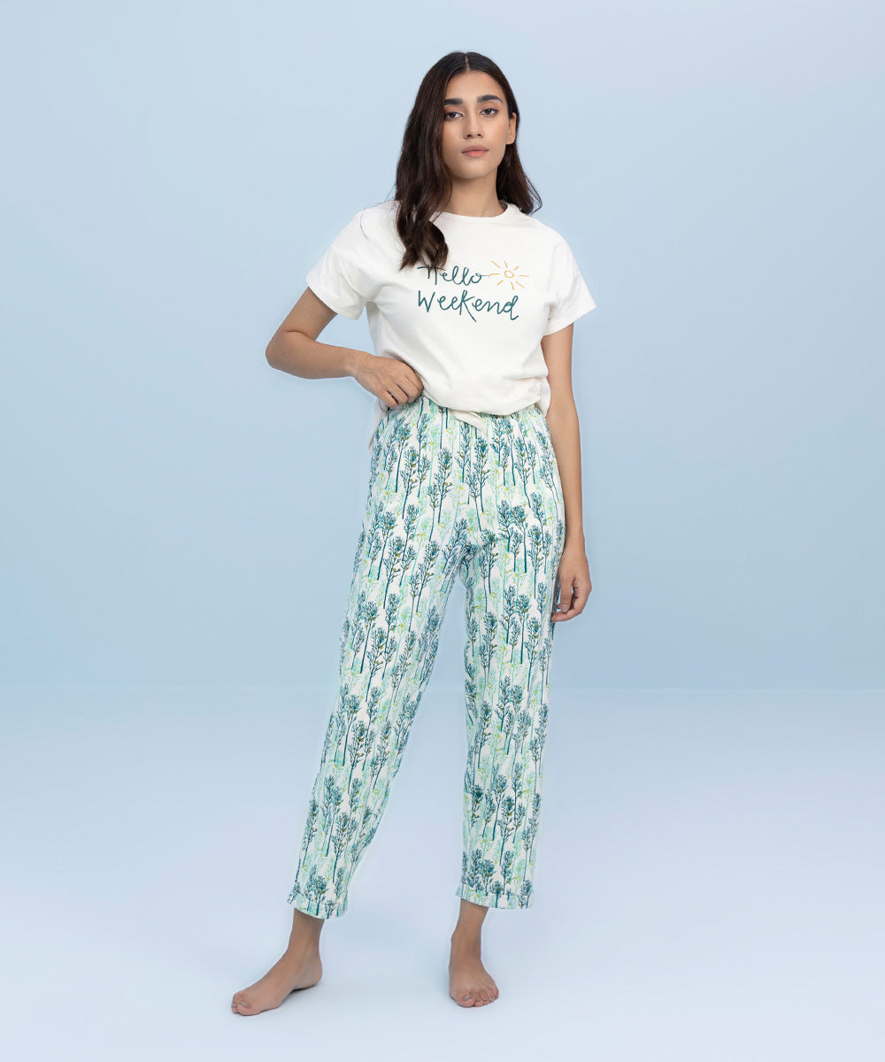 Women's Sleepwear Off white and Green Printed Cotton Jersey PJ Set 