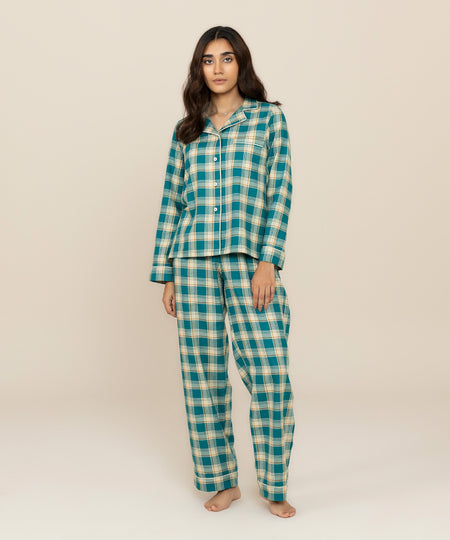 Women's Sleepwear Green and Offwhite Flannel PJ Set