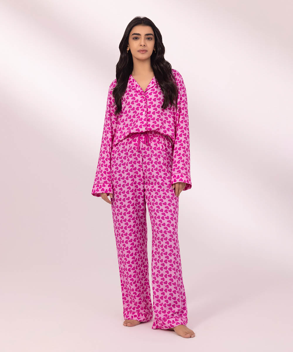 Women's Pink Floral Printed Viscose PJ Set