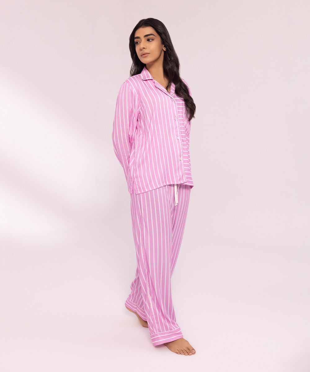 Women's Lilac Striped Viscose PJ Set