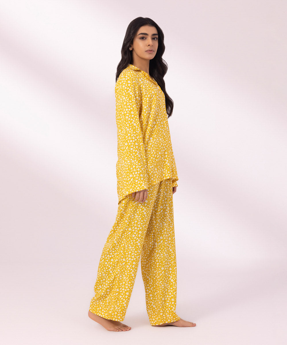 Women's Mustard Yellow Printed Viscose PJ Set