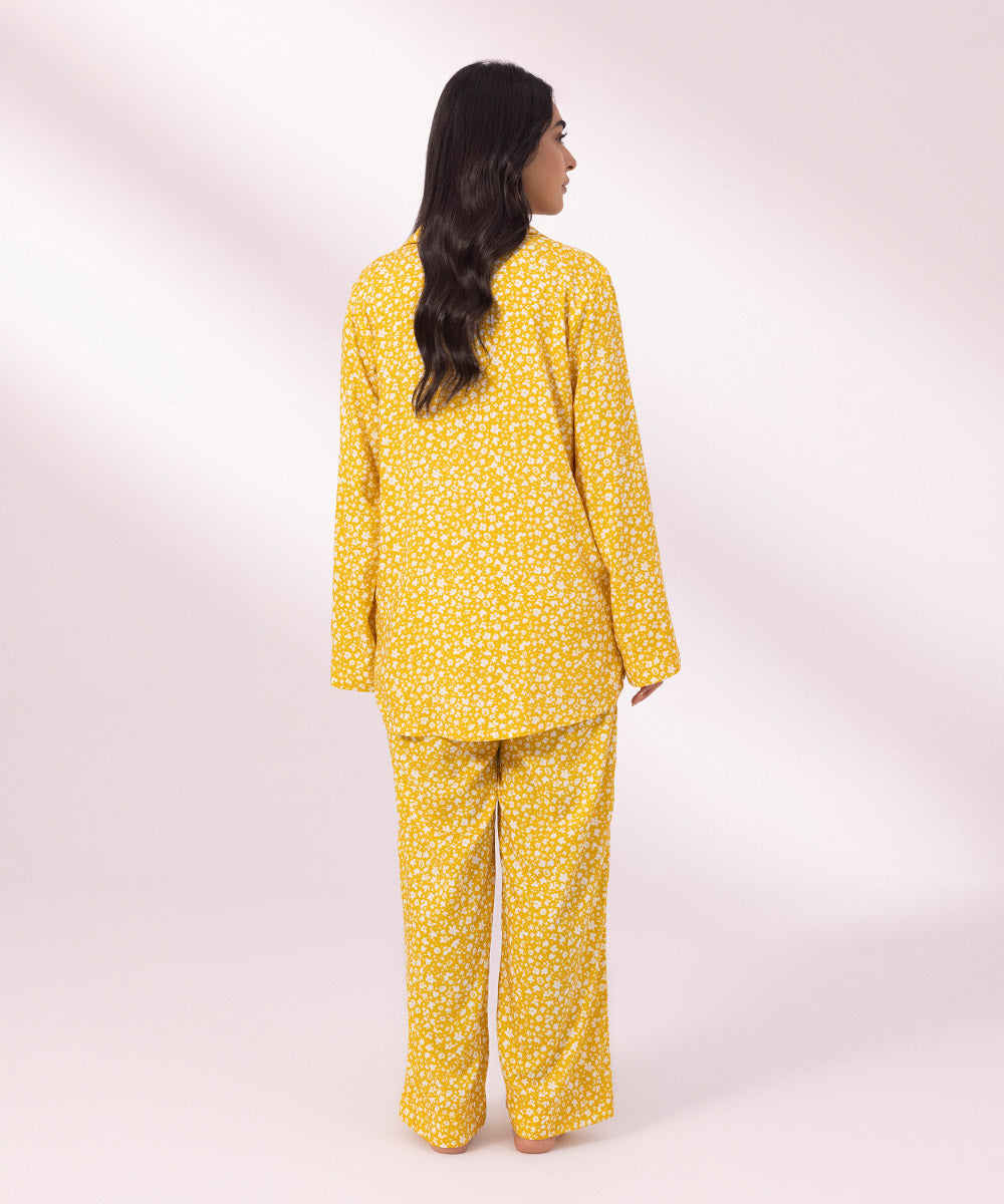Women's Mustard Yellow Printed Viscose PJ Set