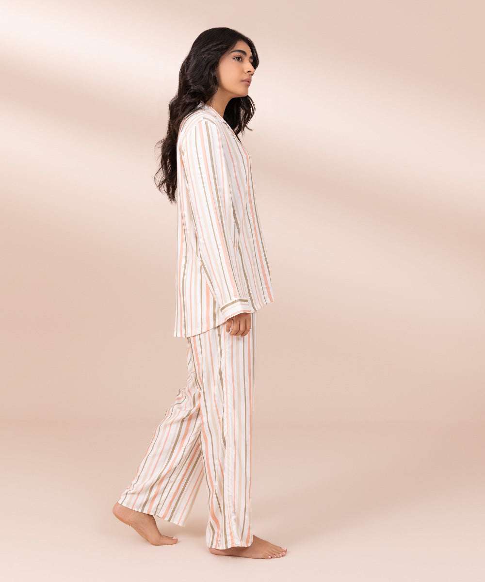 Women's Multicoloured Striped Cotton PJ Set