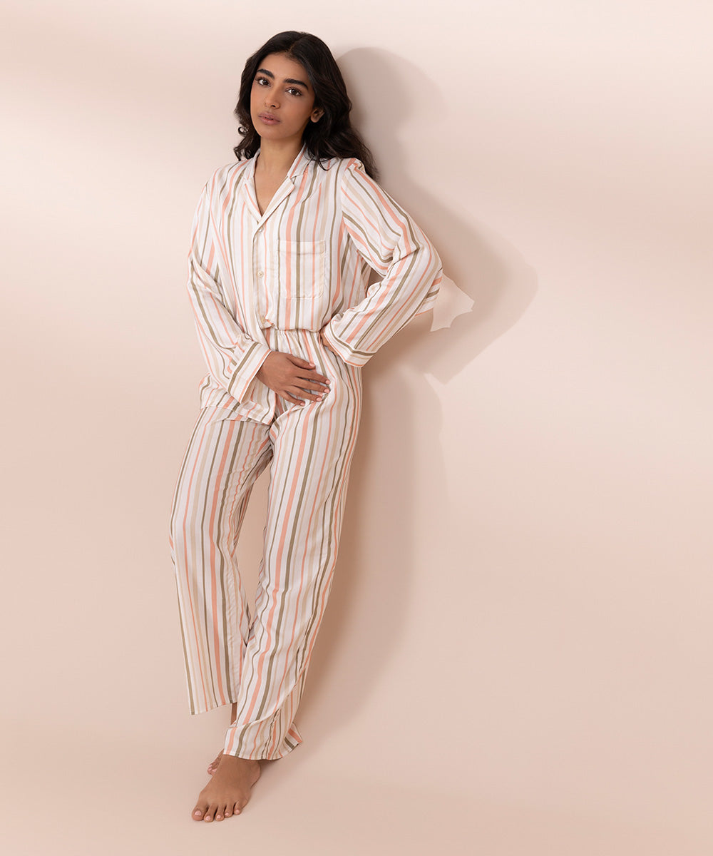Women's Multicoloured Striped Cotton PJ Set