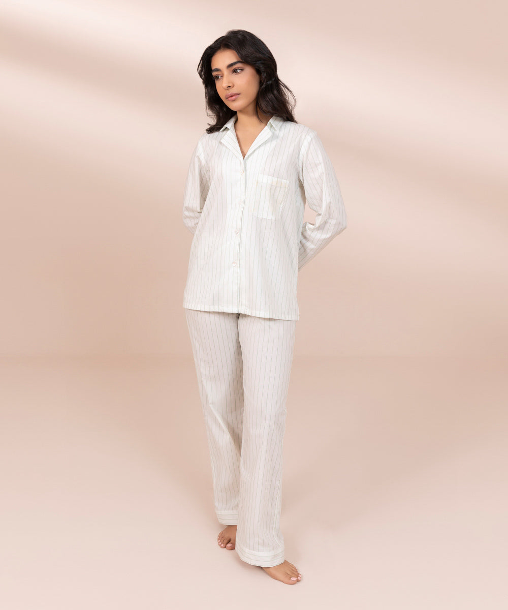 Women's Off-white Striped Cotton PJ Set
