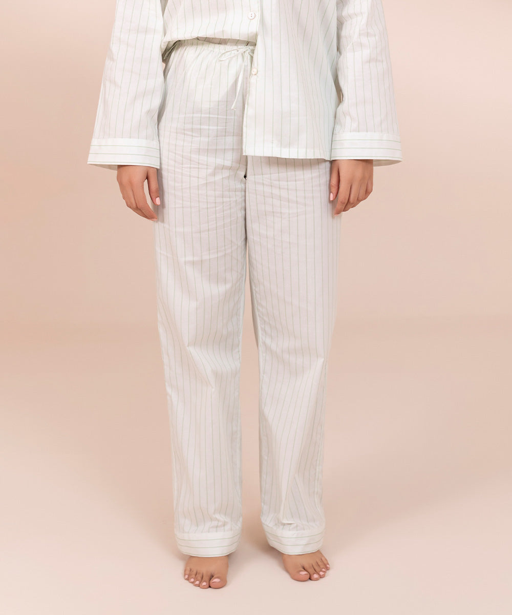 Women's Off-white Striped Cotton PJ Set