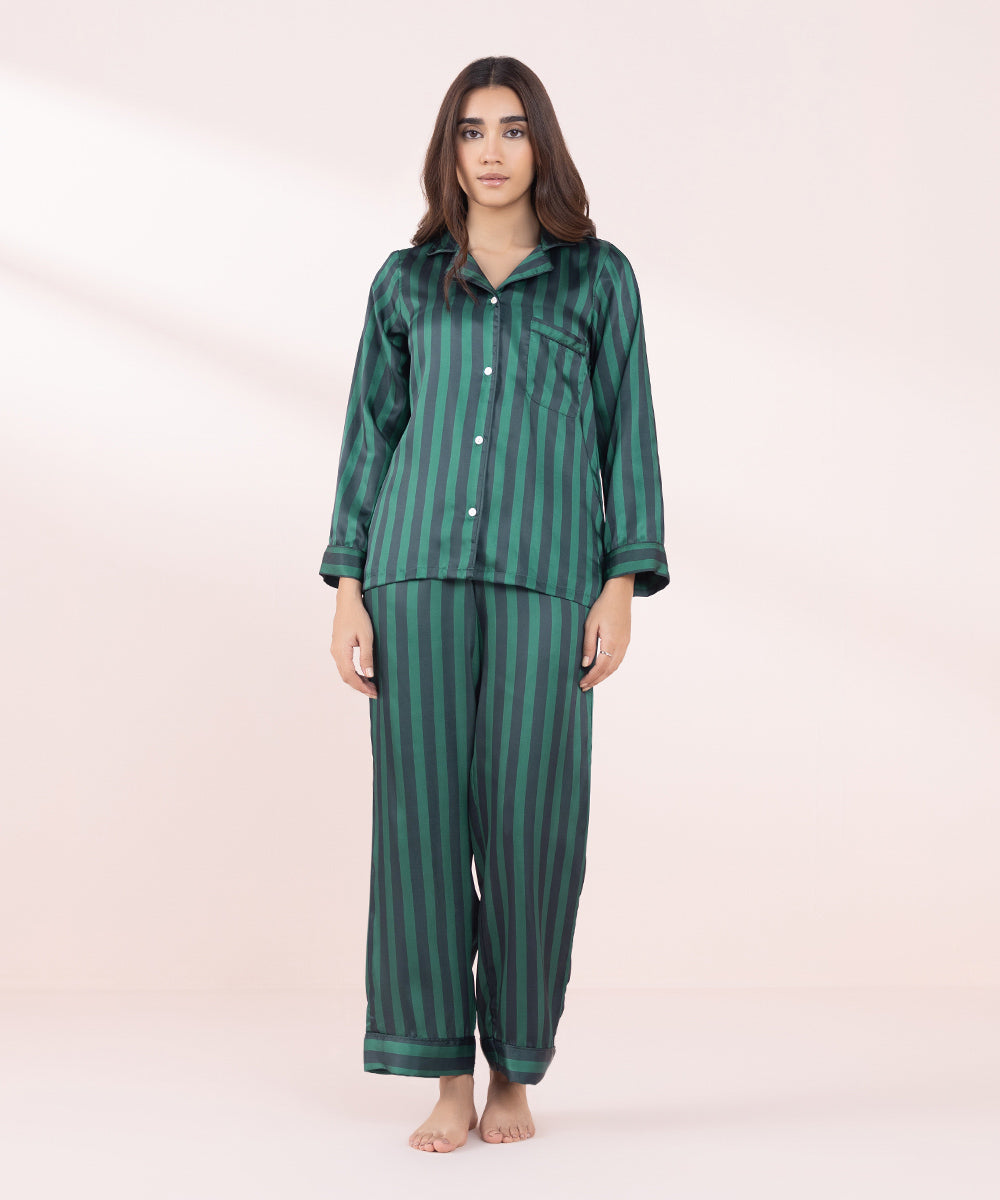 Women's Sleepwear Green Striped Silky Pj Set