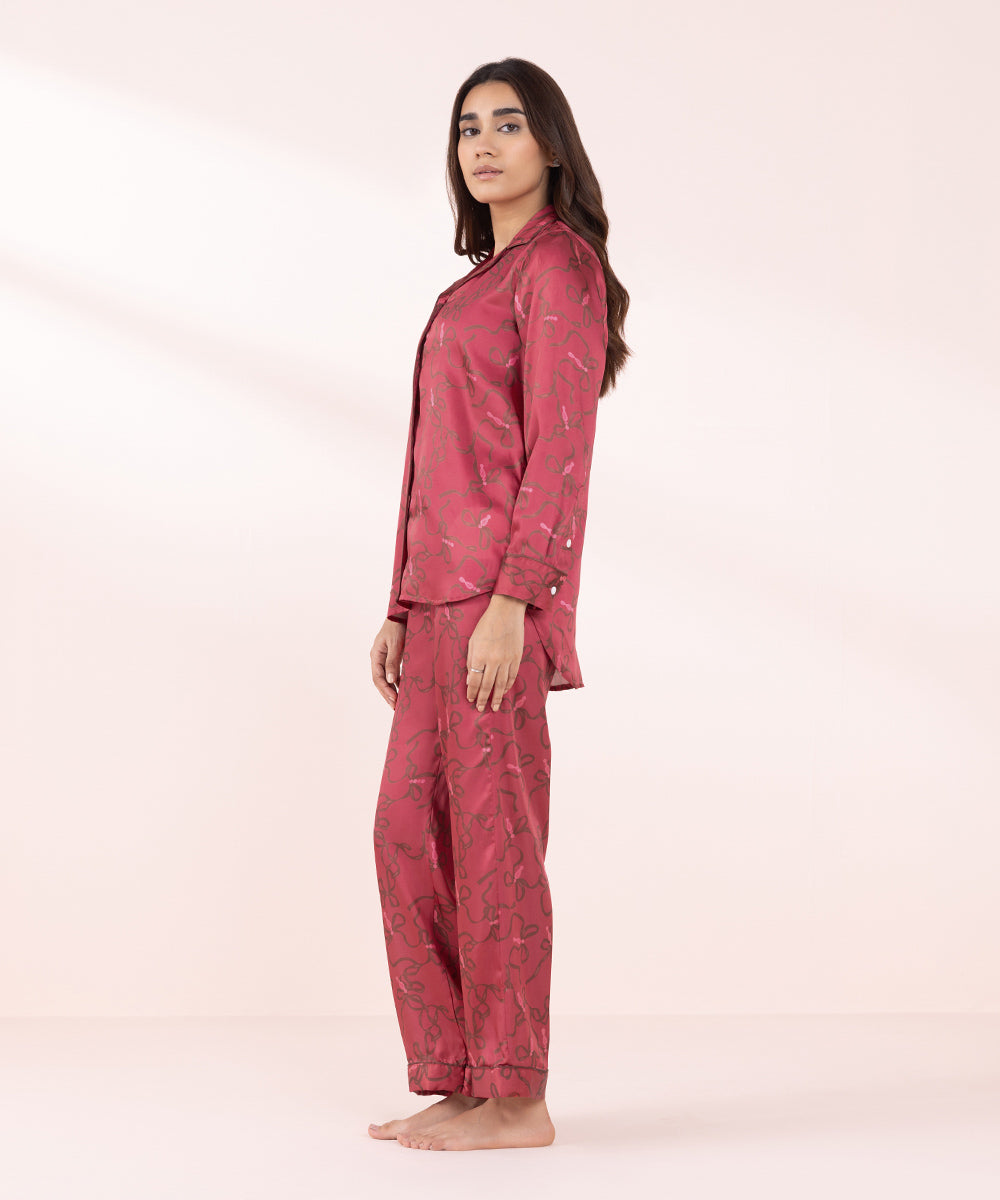 Women's Sleepwear Red Printed Silky Pj Set