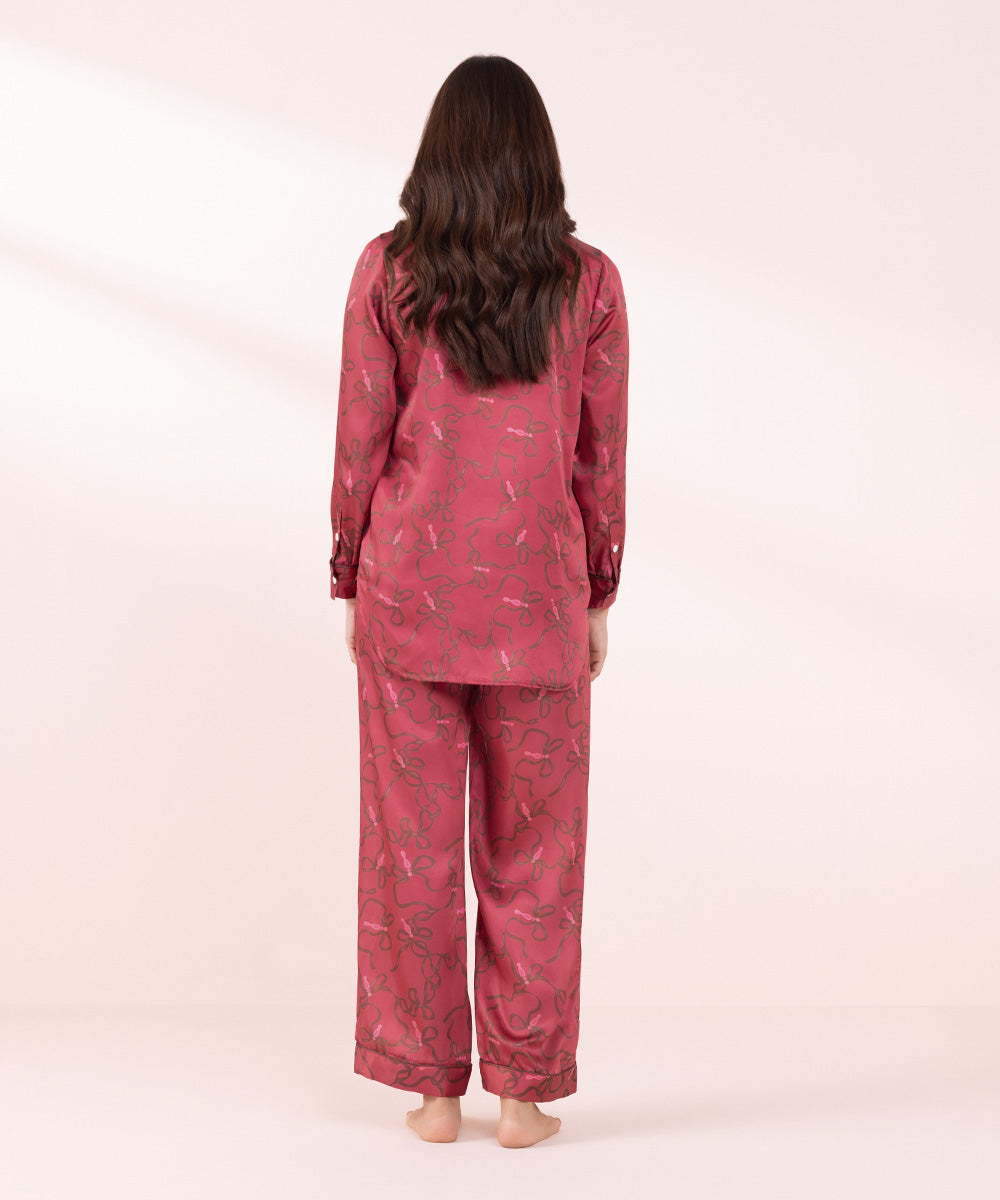 Women's Sleepwear Red Printed Silky Pj Set