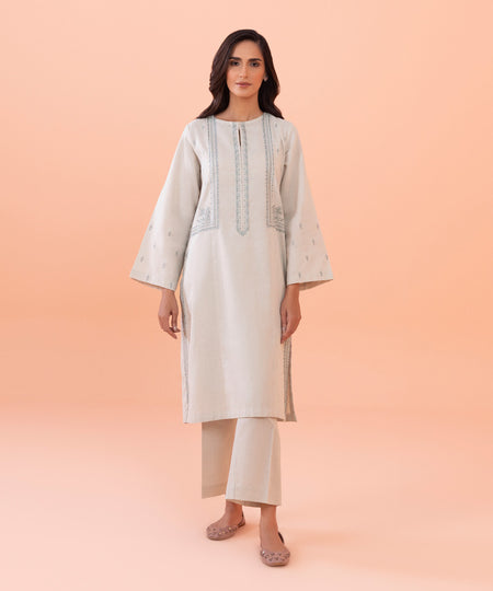 Women's Intermix Pret Linen Embroidered Cotton Linen Off White 2 Piece Suit