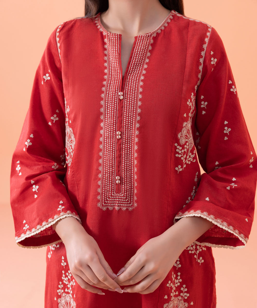 Women's Intermix Pret Linen Embroidered Cotton Linen Red Shirt